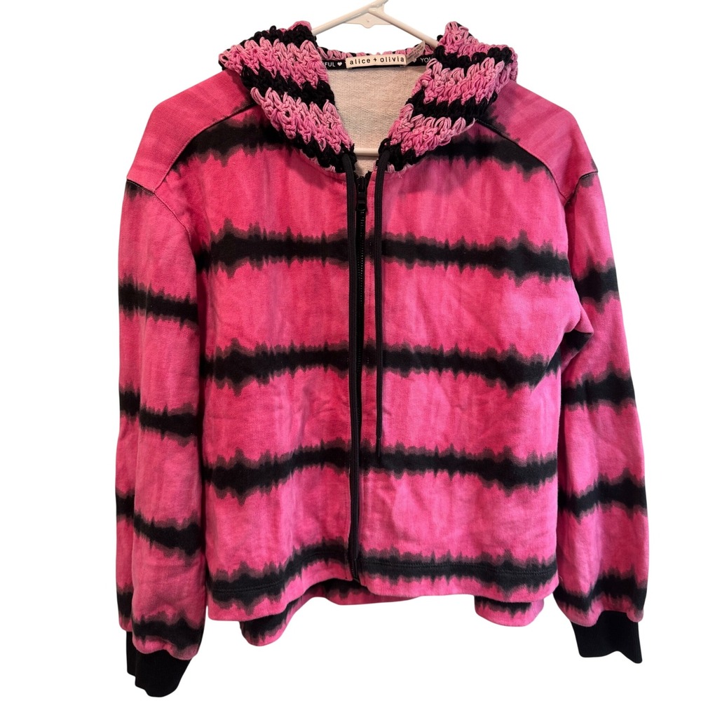 Alice + Olivia Mary Jane Pink Black Tie Dye Crochet Hood Zip Up Hoodie XS